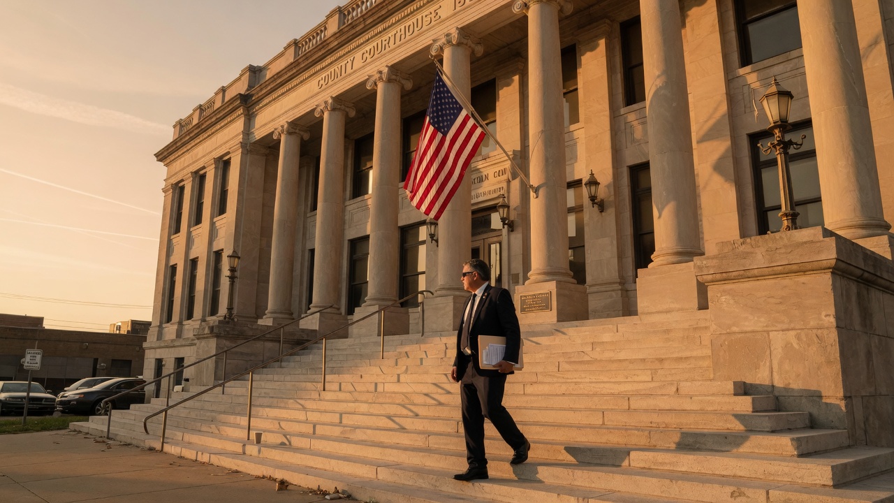 Handler walking into a county courthouse at golden hour