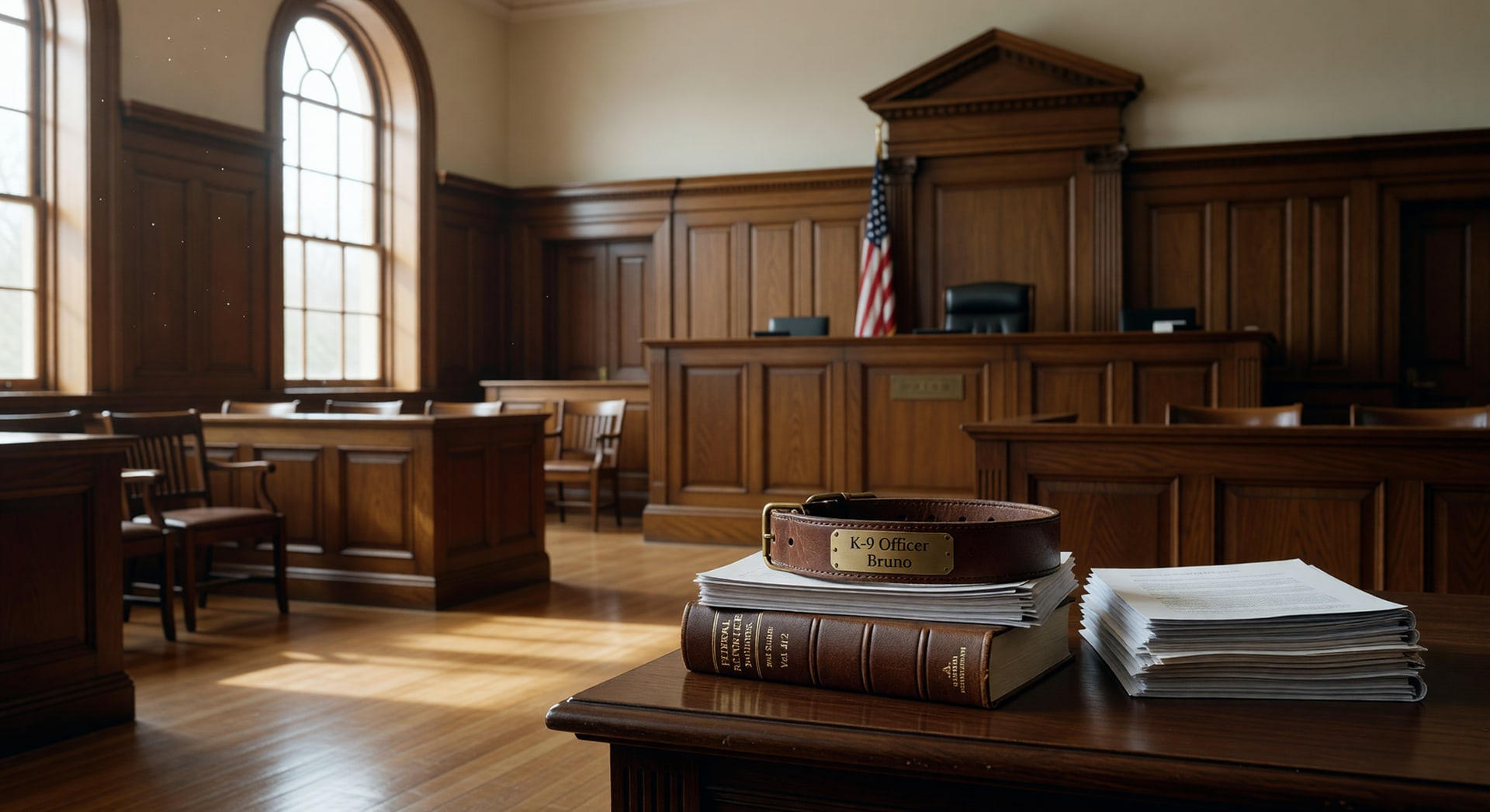 Federal courtroom interior with a K9 collar on the evidence table