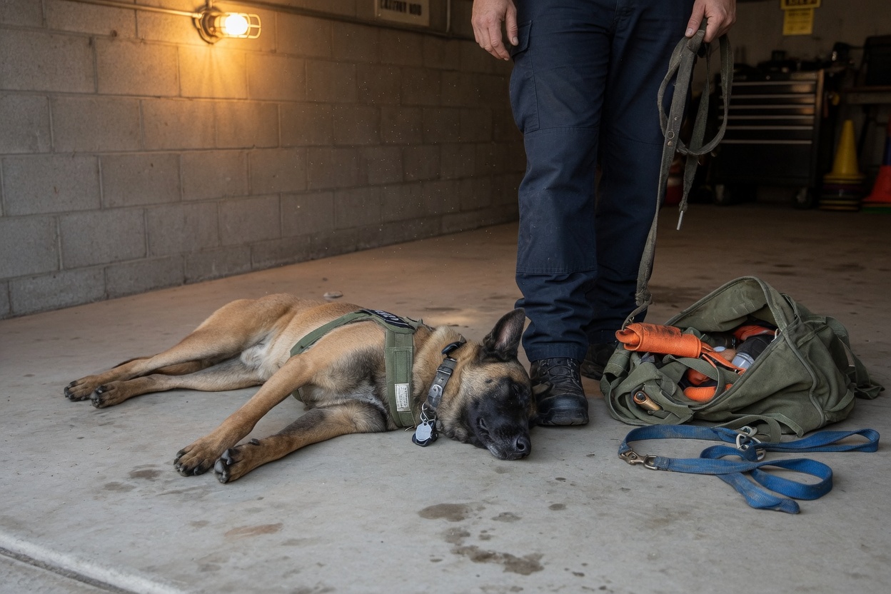 Working K9 resting after training beside the handler