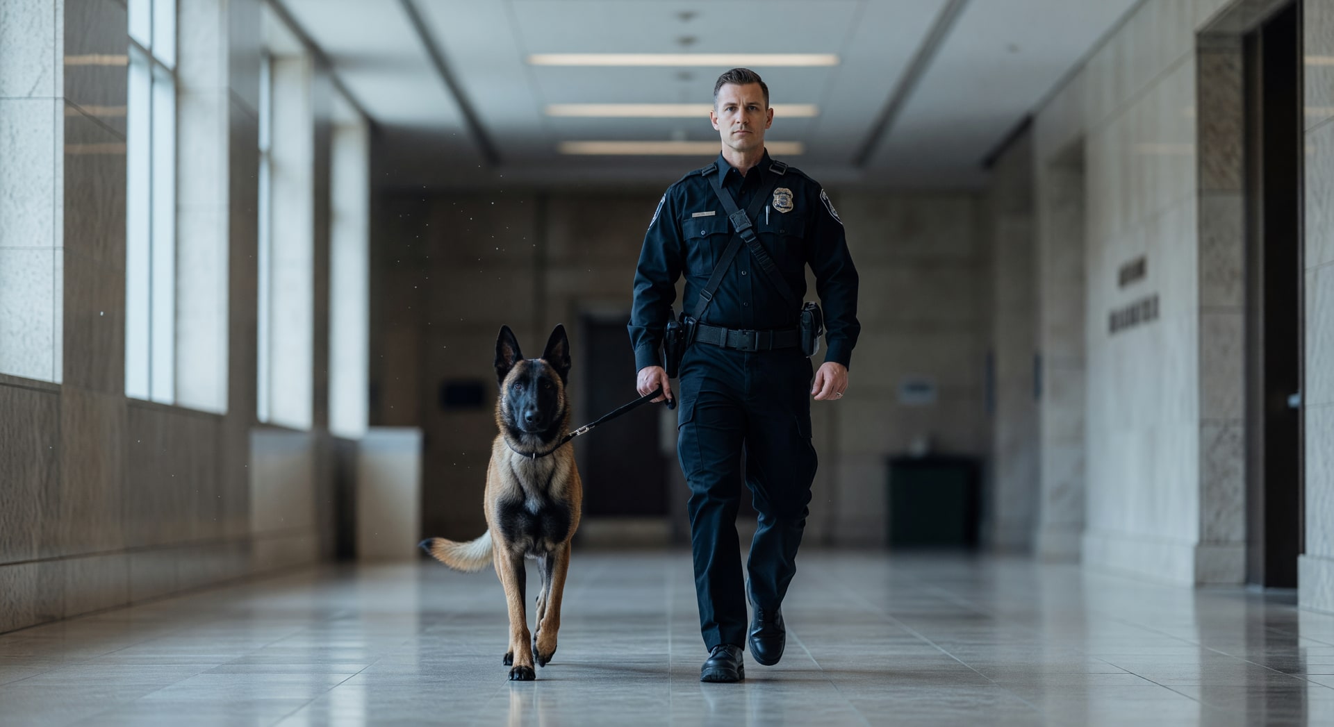 A K9 handler and his Belgian Malinois walking through a government building corridor