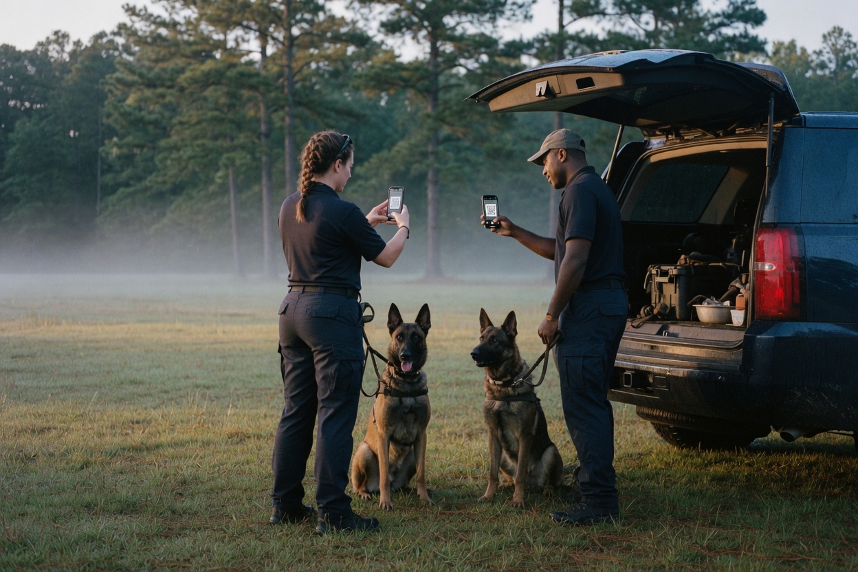 Two K9 handlers in a dawn field scanning a QR code from one phone to the other, dogs at heel
