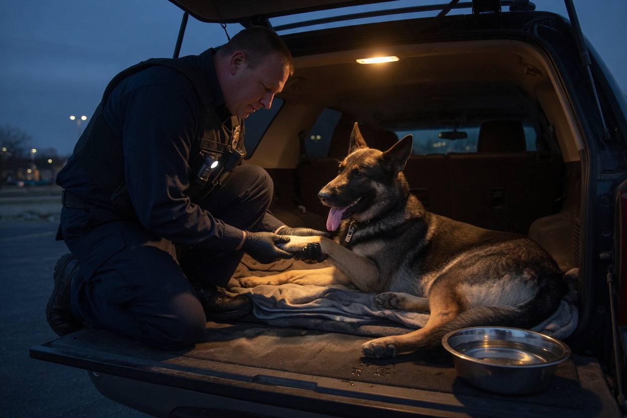 Handler checking a German Shepherd's paw on the open tailgate at end of shift
