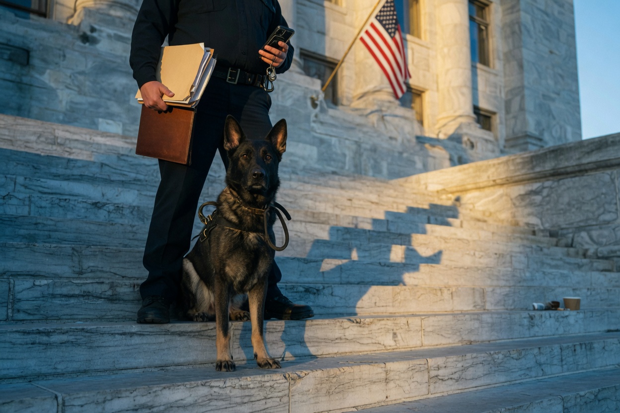 Working K9 sitting at heel on courthouse steps, handler carrying a document packet and a phone