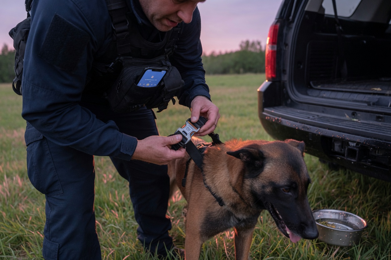 Handler clipping a working dog's harness at dusk, phone unused in a chest rig